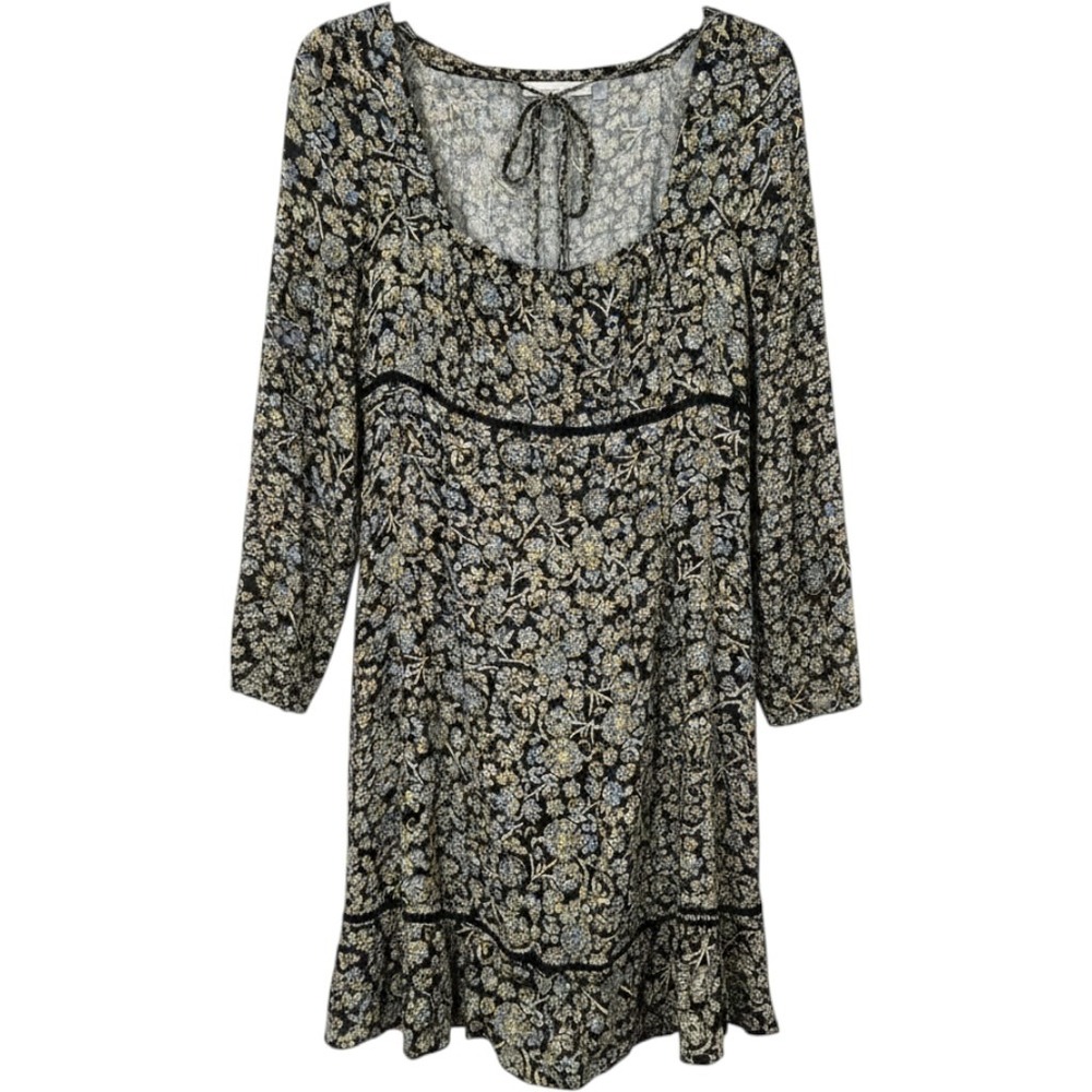 Free People Mini Dress Womens 12 Black Floral Excellent Lace Trim Long Sleeve